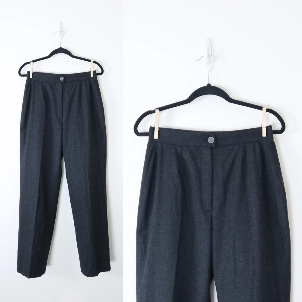 Vintage 1990s Chanel High Waisted Flat Front Wool Trousers Charcoal Gray - Picture 1 of 11